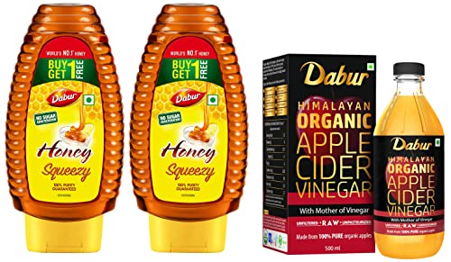 Image of DABUR Pure Honey Squeezy 700Gm Free Brown Himalayan Organic Apple Cider Vinegar With Mother Of Vinegar 500 Ml