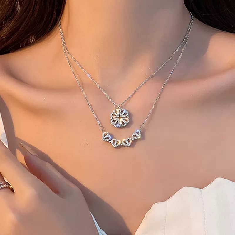 Heart Necklace Set Diamond Pendant Silver Chain Magnetic Love Jewelry