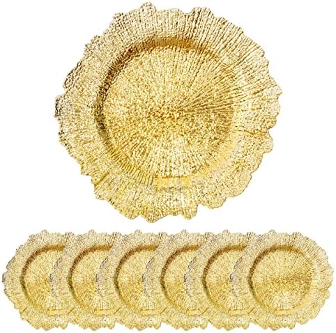 JRHCGH 13’ Gold Plastic Chargers Plates For Dinner,Reef Charger&Service Plates Set Of 6, Table Setting For Wedding,All Holidays And Occasions (Gold)