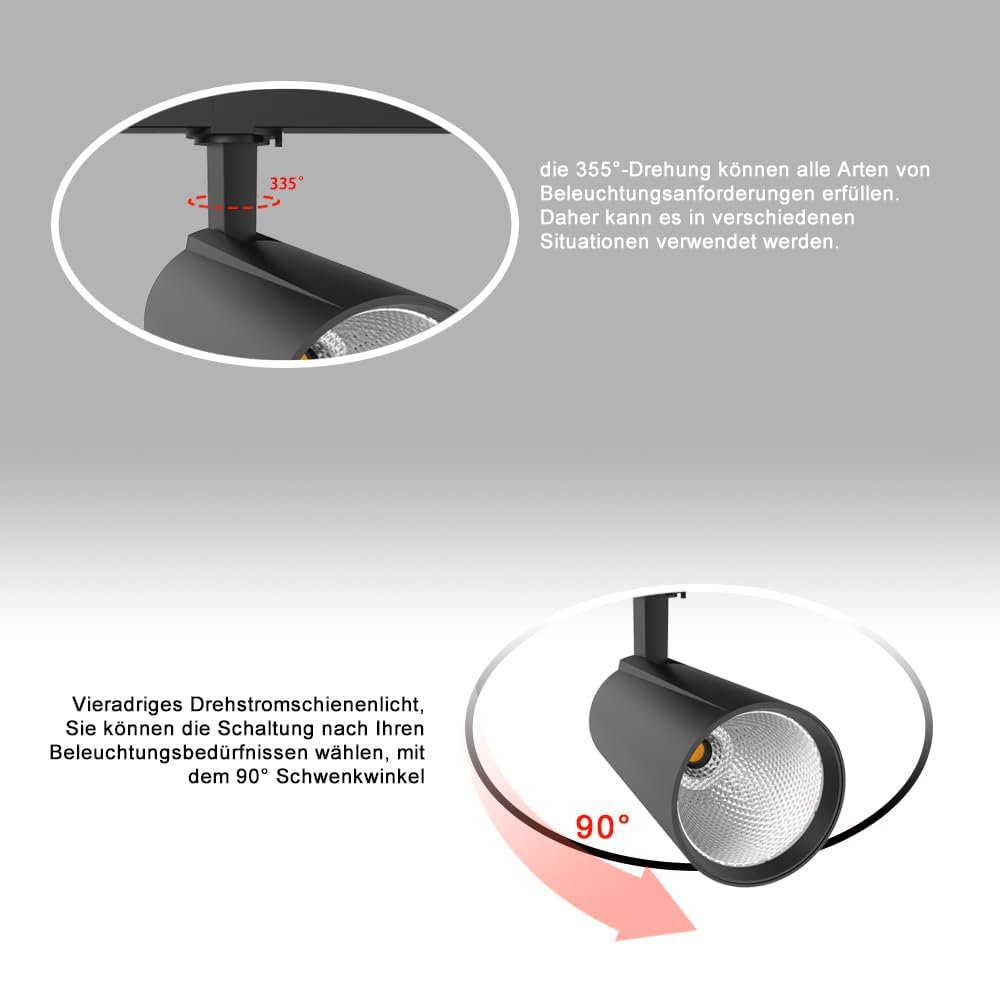 LED track light 30 Watt trifase a 4 fili rotante e girevole 3000K bianco caldo 2800lm plafoniera in alluminio per sistema di illuminazione interna a binario, nero