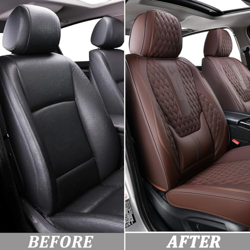 Image of Coverado Front Seat Covers, Car Seat Covers Front Seats, Nappa Leather Seat Covers for Cars, Waterproof Seat Covers with Lumbar Support Universal Fit for Most Cars SUV Trucks (Front, Coffee)