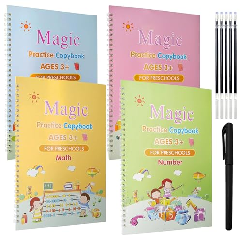 Image of PAXCOO Magic Practice CopyBook for Kids, Reusable Writing Practice Book for Preschool Kids,Magic Calligraphy Copybook Set Practical Reusable Writing Tool(4 Book+5 Refill+1 Pen+1 Grip)