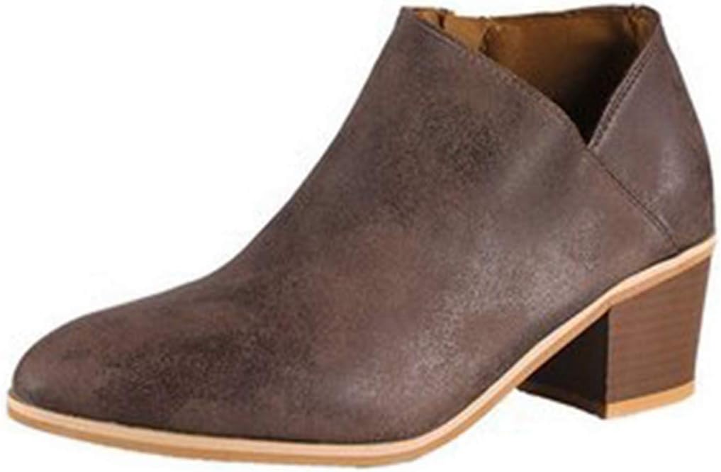 VOKLIN Women's Stacked Mid Heel Half Ankle Booties Pointed Toe V Cut Side Zipper Western Chelsea Short Boots