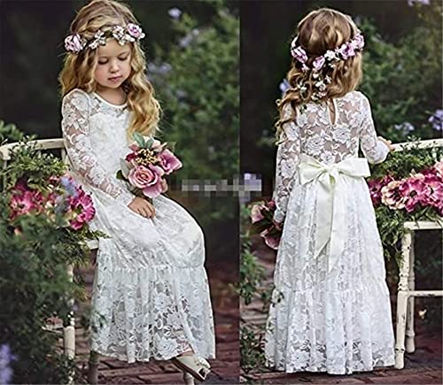 Hileelang HLH96-120CM-WHITELACE Little Flower Girl Fancy Ivory White Lace Boho Long Sleeve Full Length Slim Maxi Princess Dresses thumb #1