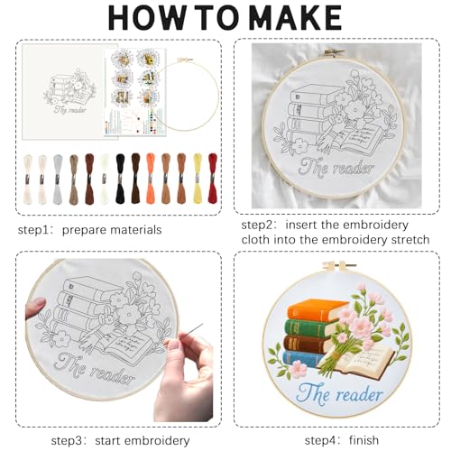 Image of INFUNLY 6 PCS Book and Flower Embroidery Kits for Beginners DIY Cross Stitch Starter Sets for Adults with Instructions Book Cacti Pattern Birds Needlepoint Kits with Embroidery Cloth Hoops Tools