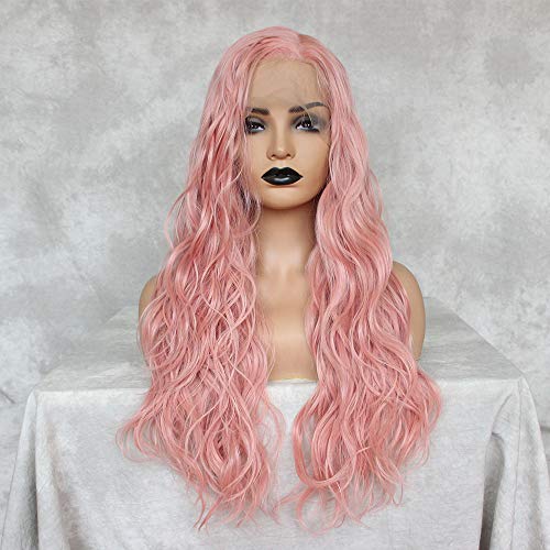 BestMio Long Curly Synthetic Lace Front Wigs Natural Hairstyles Wet Wavy Synthetic Wig Pink Hair