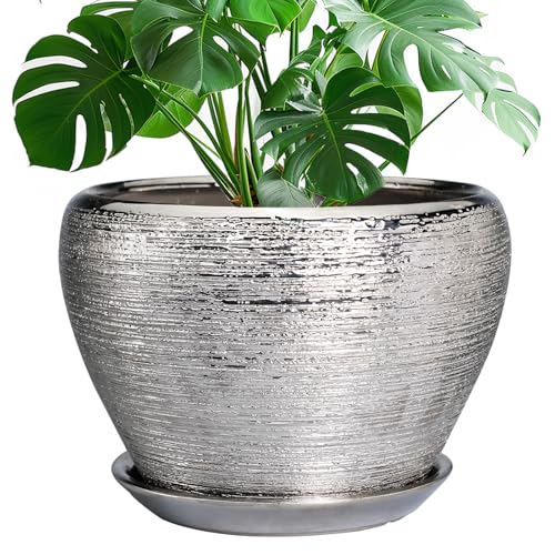 Ceramicfor Flower Pot - 10 Inch Planter with Drainage Hole and Saucer - Indoor/Outdoor Decorative Mid-Century Planter - Silver