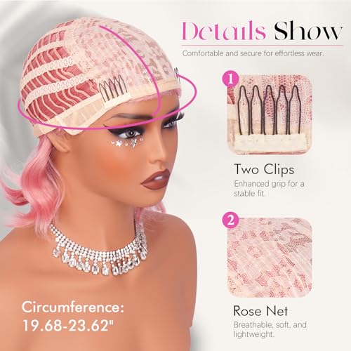 SOFEIYAN Short Wavy Pink Wig - 12 Inch Bob Wig with Bangs for Women Curly Shoulder Length Bob Wig with Bangs Soft Synthetic Hair Wigs for Girls Daily Costume Halloween Party Use by SOFEIYAN - Image 4
