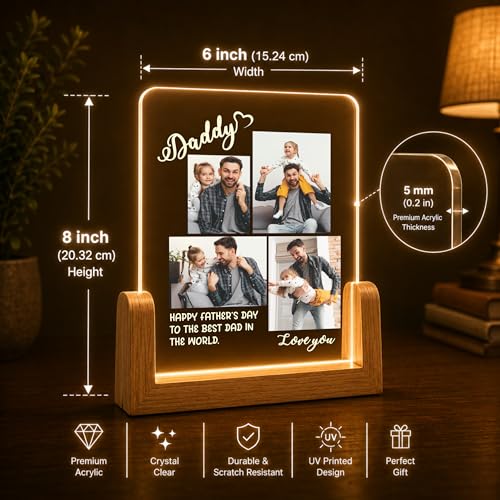 Image of Giftplease Fathers Day Personalized Rectangular Acrylic Wood Tabletop Photo Frame | Warm Led Light Base Custom Picture Layout Family Desktop Night Decor Assembly for Dad Papa Husband Stepdad Grandpa