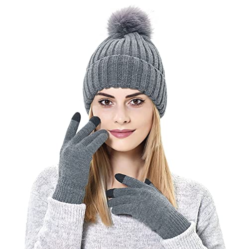 BCDlily Women Winter Beanie Hat Gloves Set Warm Pom Pom Skull Caps with Knit Mitten Mitts (Gray)