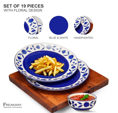 Image of Freakway Floral Hand-Painted Ceramic Dinner Set of 19 Pieces Including (10 Inch) 6 Stoneware Dinner Plates, 12 Serving Bowls (180 Ml) with 1 Large Bowl | Microwave & Dishwasher Safe - Royal Blue