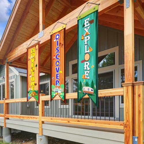 Image of Chiisong 3 Pcs Camping Banners Party Decorations Camping Porch Sign Camper Adventure Door Banners Wall Decor for Camper Adventure Theme Birthday Celebrating Baby Shower Classroom Decorations