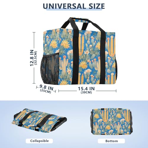 linqin Green Cactus Blue Utility Totes with Handles Foldable Reusable Bags for Groceries Sandproof for Carrier3