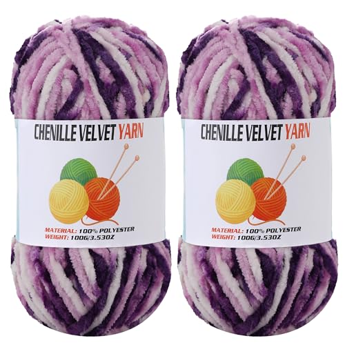 Image of 2 * 100g Velvet Chenille Chunky Yarn, Handcrafts Weaving Soft Chenille Yarn for Crocheting Clearance, Used for Making Baby Yarn Blanket, Clothes, Knitting Creations (Colorful - F)
