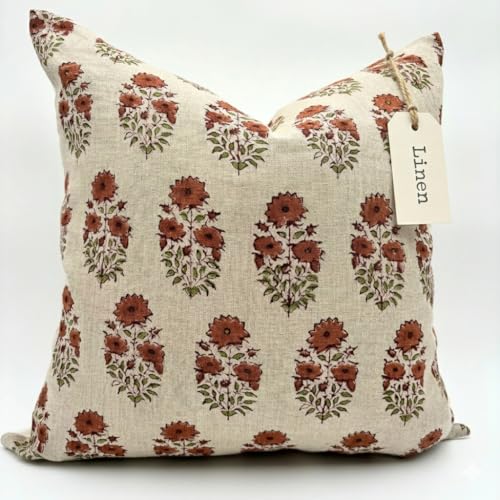 Decorative Pillow Cover French Country Pillow Cover Cottage Decor Floral Block Print, Farmhouse Decorative Cushion Cover, Striped Pillow Cover Line and Loop (Terracotta)