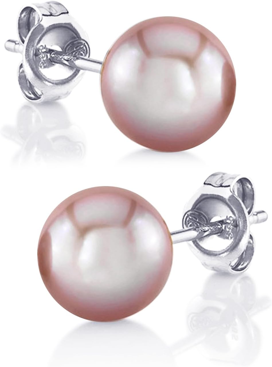 THE PEARL SOURCE Round Pink Freshwater Real Pearl Earrings for Women - 14k White and Yellow Gold Stud Earrings | Hypoallergenic Earrings with AAA Quality Genuine Cultured Pearls Gifts for Christmas Holidays