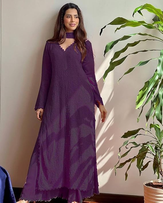 Image of Women Embroidered Straight Kurti with Palazzo And Dupatta Set | Elegant Ethnic Wear Kurta Set | V-Neck Long Sleeve Kurti | Stylish Casual, Festive & Wear for Women