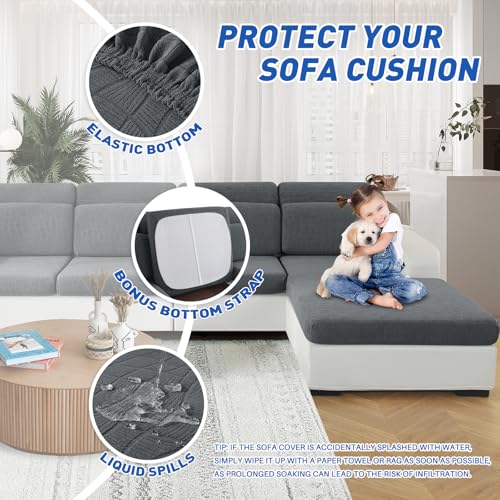 MAXIJIN Waterproof 4 Pieces Couch Cushion Covers for Sectional Sofa Seat Slipcover Stretch Sectional Couch Cover for L Shape Left/Right Chaise with Elastic Bottom (3 Seater + 1 Chaise, Light Gray) by MAXIJIN - Image 5