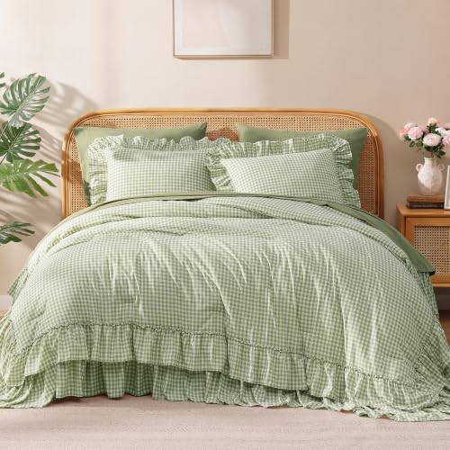 Image of Queen Comforter Set Green Gingham Ruffle 7 Pieces Farmhouse Bed in a Bag | Shabby Chic Fluffy Bedding Sets with Sheets, Pillowcases & Shams