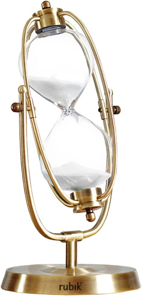 Rubik Sand Timer, 15 Minutes Rotating Hourglass Creative Vintage Gift for Kitchen Home Office Decoration, Metal Hour Glass Sand Clock (15 min, Gold)