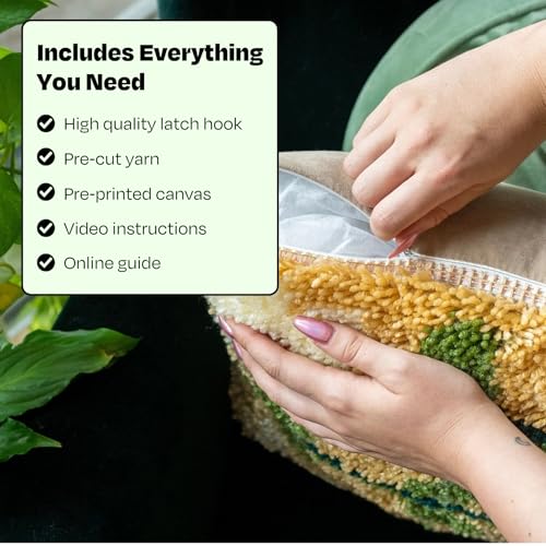 Image of CRAFT CLUB Pick of The Bunch Cushion Kit | DIY Latch Hook Kits for Adults | Sewing Kit with Pre-Cut Yarn & Wooden Tool | Cushion Covers for Bedroom Decor | Arts & Crafts Supplies | 17in x 17in