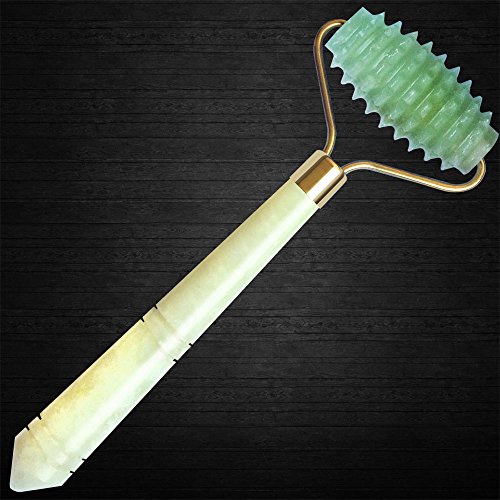 Jade Roller for Face Neck Beauty,100% Hand Made Natural Premium Jade Stone Rollers,Great Anti Aging Tools for Facial Skin Rejuvenation and Slimming Massage,Single Spiky Roller.(English E-Manual)