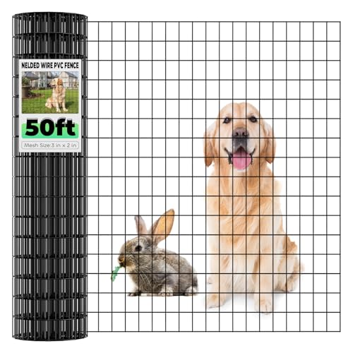 Garden Fence Black PVC Coated Welded Wire Fencing 48 Inch x 50 Foot, 2 Inch x 3 Inch 16GA, Garden Border Fencing Roll Vinyl Coating Metal Wire Mesh for Yard Vegetable Plant Protection Poultry Netting