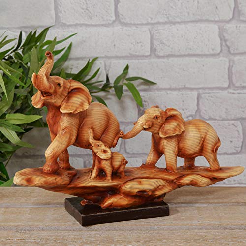 Image of MAISONICA Elephant Parents & Calf Wood Effect Resin Figurine Ornament 21x32cm