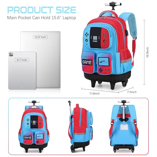 Rolling Backpack for Boys, 3 PCS Gamer Boy Backpack Set with Lunch Box & Pencil Pouch, Roller Wheels School bag for Boys Kids Teens, Elementary Middle School, Kids Bookbag Casual Daypack2