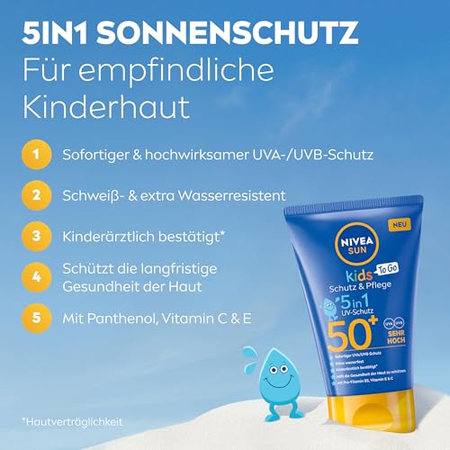 NIVEA SUN Kids Schutz & Pflege To Go LSF 50+ Sonnencreme, hoher Sonnenschutz mit Vitamin C & E, schweiß- & extra wasserfeste Sonnenlotion für empfindliche Kinderhaut (50 ml) 2