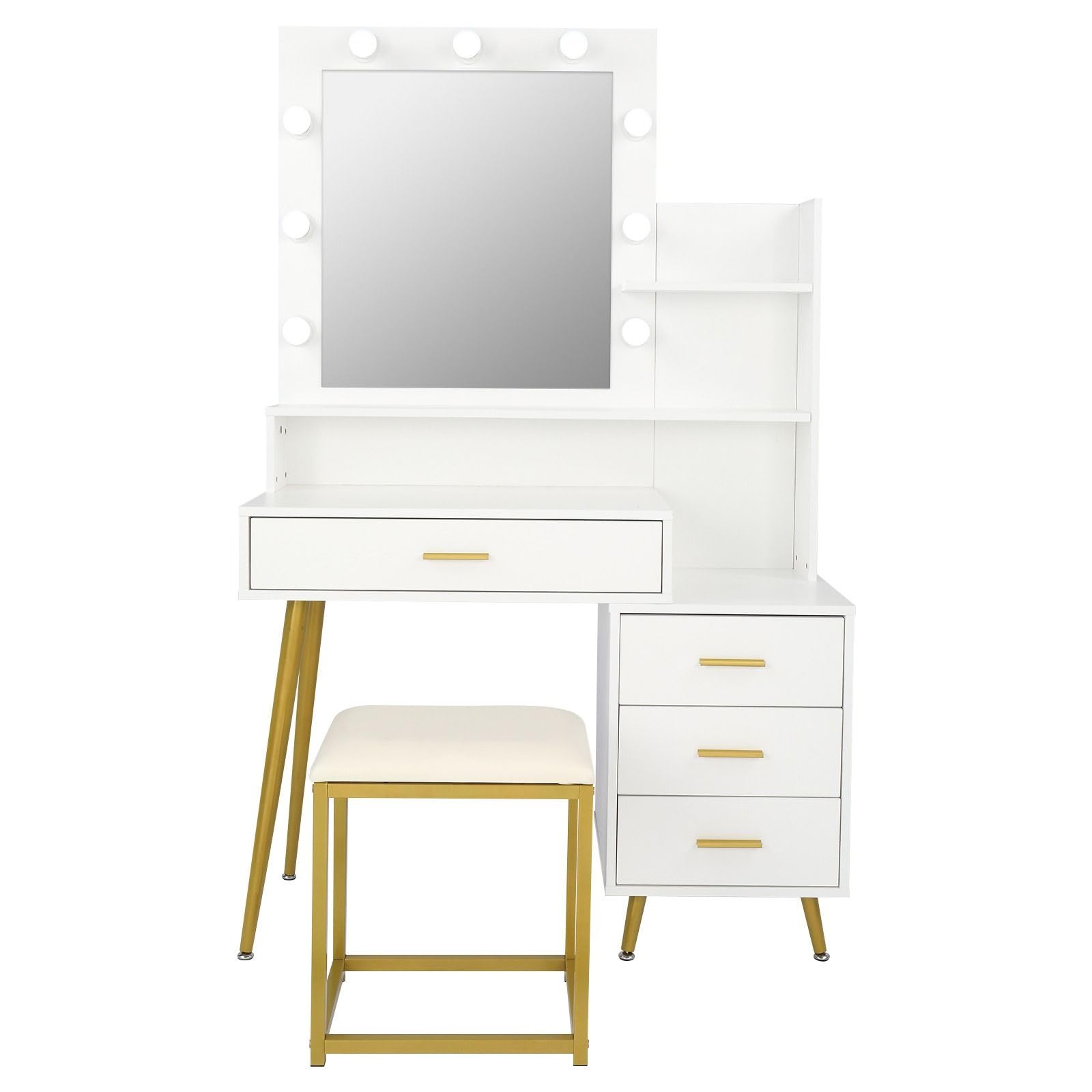 FRITHJILL Modern White Vanity Set with 9 LED Illuminated Mirror, Open Shelves, and Drawers - Golden Metal Frame, Makeup Table with Stool