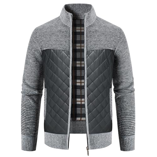 KUDORO Cardigan Gilet Homme Veste en Maille Ouvrez-Front Zippé avec Col Montant Tricoté Chaude Veste d'hiver Doublé en Polaire(Gris Clair,XL)