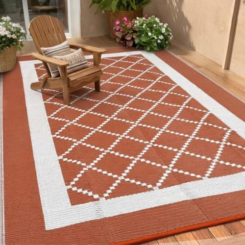 DobleePy Waterproof 9x18 Outdoor Rug Geometric Patio Rug Terracotta White