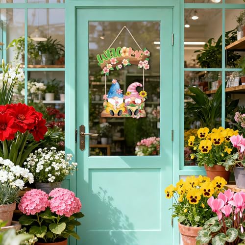 Image of HPNIUB Spring Welcome Door Sign, Cute Gnome Hanging Sign for Home, Farmhouse Colorful Flowers Spring Wall Decor for Indoor outdoor Front Door Window Yard Wall Decorations