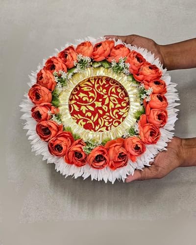 Image of SATYAM KRAFT 1 Pc Handcrafted Engagement Ring Holder Platter Round thali-Ideal for Ring Ceremony, Sagai,shaadi Decor,Marriage, Handmade Decorative Platter for Brides Maid (Orange)