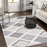 payé Teppich Wohnzimmer - Raute Muster - 80x150cm Creme Grau Blau - Fransen Deko Boho Flauschig - Cut & Loop Sisal - Schlafzimmer Flur Dekoration Läufer - Orientalische Teppiche