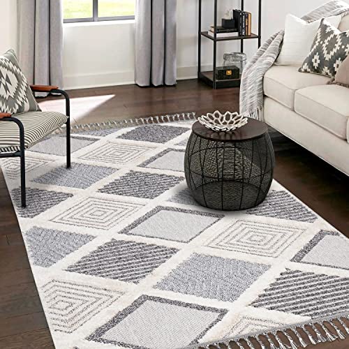 payé Teppich Wohnzimmer - Raute Muster - 160x230cm Creme Grau Blau - Fransen Deko Boho Flauschig - Cut & Loop Sisal - Schlafzimmer Flur Dekoration Läufer - Orientalische Teppiche