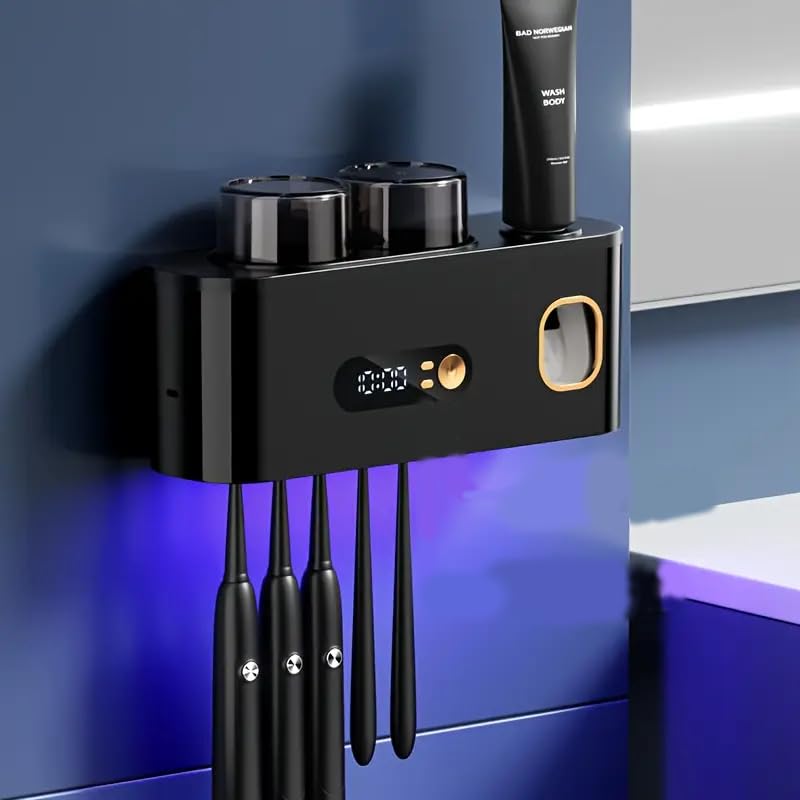 UV Toothbrush Sanitizer Wall Mount No Drill with Toothpaste Dispenser Clock Time Display Toothbrush Holder Family Size Electric Toothbrush Organizer Cleaner for Bathroom