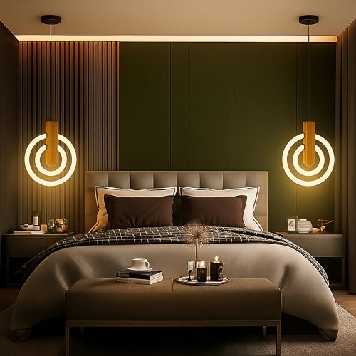 Image of Lampmaster Modern 2-Ring LED Pendant Light with Wooden Accent | Warm White Glow Ceiling Hanging Lamp | Elegant Chandelier for Dining Room, Bedroom, Living Room, Restaurants, Coffee Shop & Office