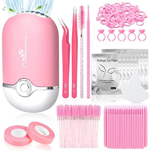 Modacraft Eyelash Extension Supplies Kit for Beginners with USB Air Conditioning Blower 2 Lash Tweezers, 100 Mascara Brushes, 50 Micro Applicators 50 Ring Cup Holders, 2 Tapes 10 Eye Gel Pads Cover