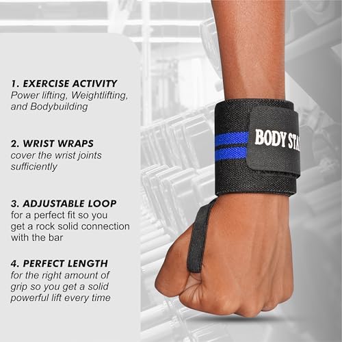 Image of Bodystation Pro Weightlifting Wrist Wraps with Thumb Loop | Adjustable Gym Wrist Support for Men & Women - Powerlifting, Crossfit, Strength Training & Pain Relief