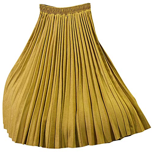 ebossy Women's Elastic Waist Faux Suede Leather A-Line Pleated Midi Skirt