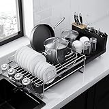 Kitsure Extendable Dish Drying Rack, Large Drying Dish Rack with Cutlery & Cup Holders, Multifunctional Dish Racks for Counter with Drainage, 27' L x 12.9' W, Sliver