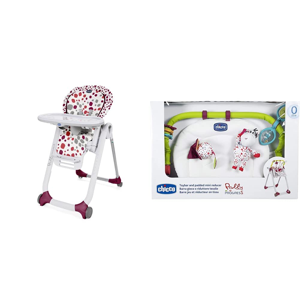 Chicco Polly Progres5 Seggiolone Pappa Regolabile per Bambini 0 Mesi - 3 Anni (15 kg), Trasformabile in Rialzo Sedia Bambini & Kit 0+; Set composto da Game Bar e Textile Reducer Rosso (Cherry)