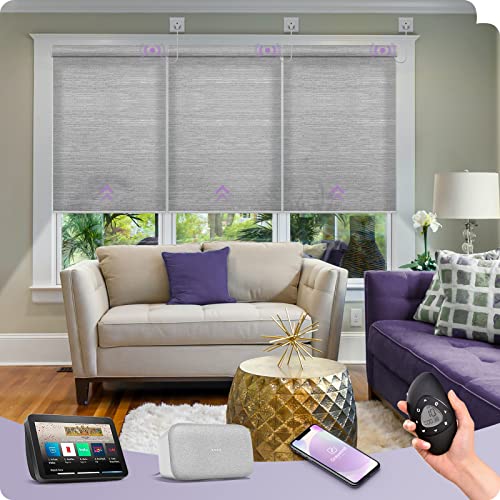 Graywind Motorized Light Filtering Shades Compatible with Alexa Google Hardwired WiFi Smart Half Shading Remote Control Automated Blinds Electric Window Shades, Custom Size (Jacquard Grey)