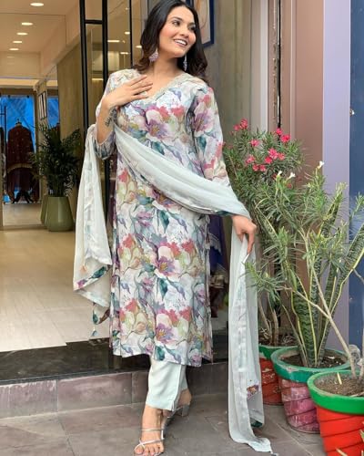 Image of GoSriKi Women's Cotton Blend Straight Printed Kurta with Pant & Dupatta
