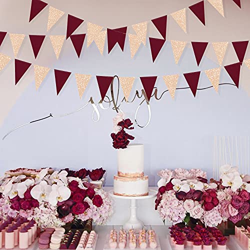 Image of Burgundy Party Decorations Maroon Champagne Gold Triangle Banner Flag Bunting Pennant for Birthday Engagement Wedding Bridal Shower Baby Shower Anniversary Bachelorette Hen Party Decorations Supplies