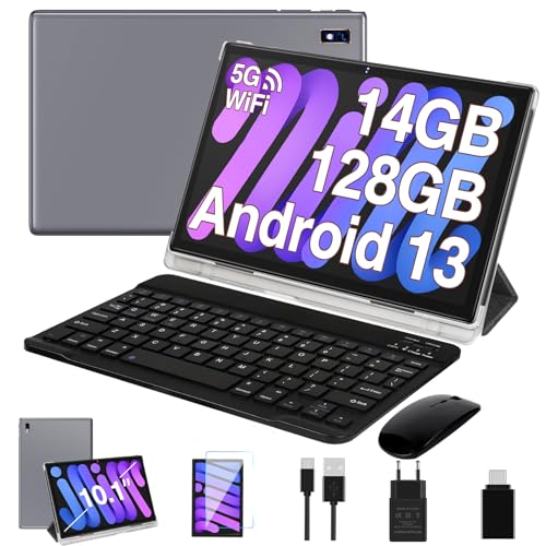 Image of Oangcc Tablet Android 13 Tablets 10 Inch 14GB RAM 128GB ROM 2TB Expand with Keyboard, Mouse, Case, 8000mAh Battery, Octa-Core, GPS, 5G /2.4G Wi-Fi, BT5.0, IPS HD Display (Gray)