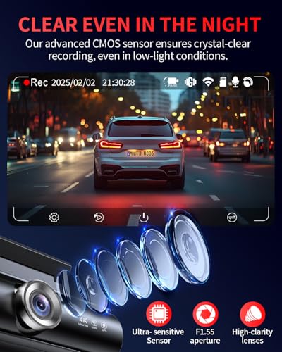 Dash Cam Front and Rear, 4K Full HD Dual Dash Camera for Cars, Built-in Memory Card Monitoring, 64GB Card, 5G WiFi GPS, Car Camera with 3" IPS Screen, 2160P Night Vision, 24H Parking Monitor - Image 5