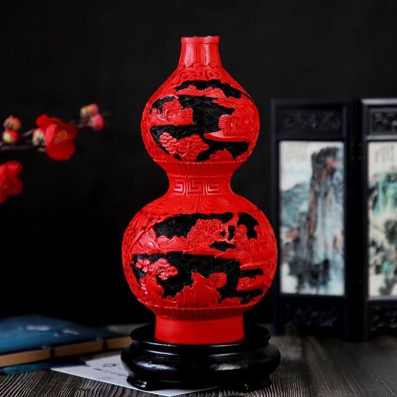 Amazon.co.jp: 中国風の彫像、装飾品、彫刻が施された赤い花瓶、中国の